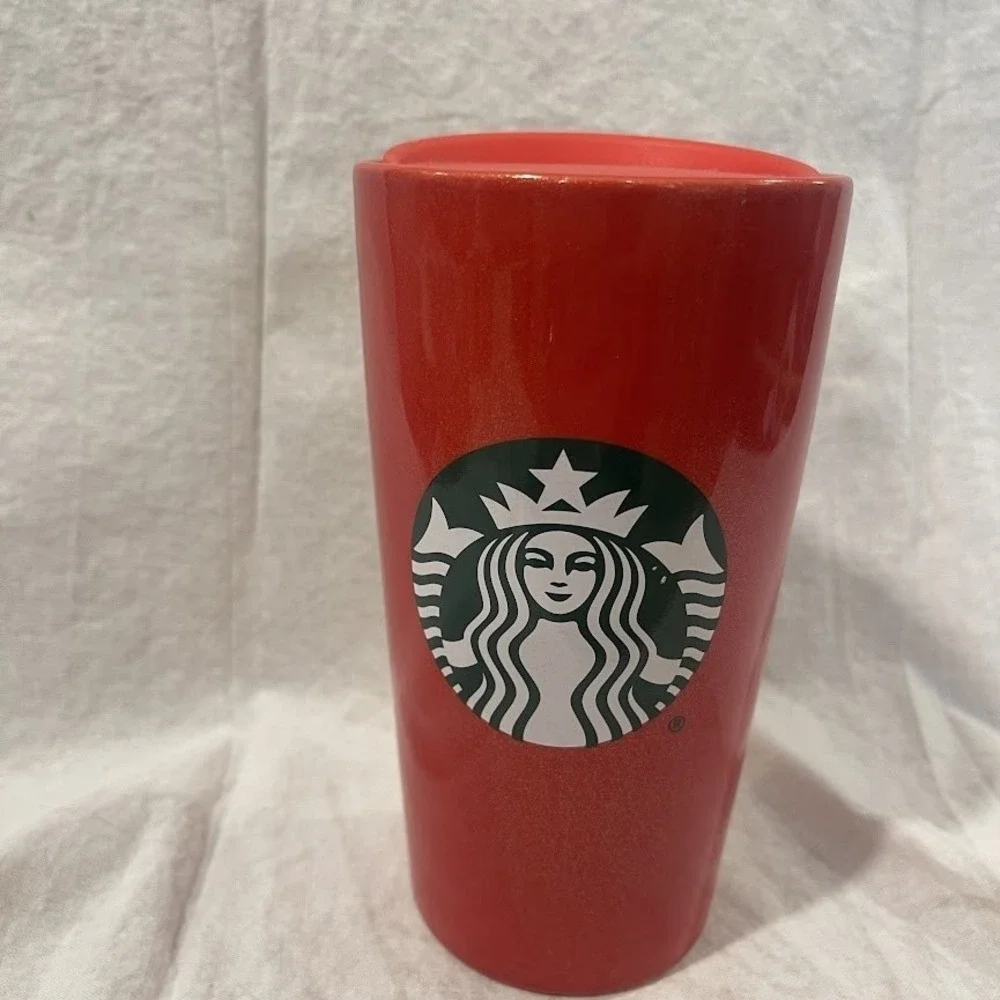 Starbucks Red Ceramic Travel Mug Tumbler 12 oz Glitter Holiday Lid Cup 6.5